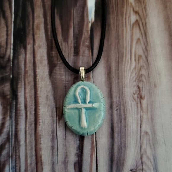Handmade Ceramic Light Blue Ankh or Key of Life Pendant Necklace - Picture 11 of 14